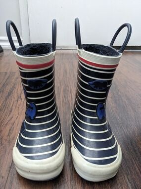 Kids Navy Striped Dino Rain Boots